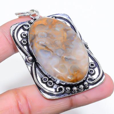 Natural Fossil"Coral Gemstone Handmade 925 Sterling Silver Pendant 2.56" B8U99