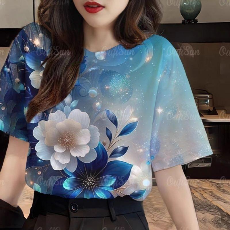 Summer Trendy Colorful Flower Pattern 3D Digital Print T-Shirt round Neck Short Sleeve Casual Women's Fashion Polyester Fiber Breathable