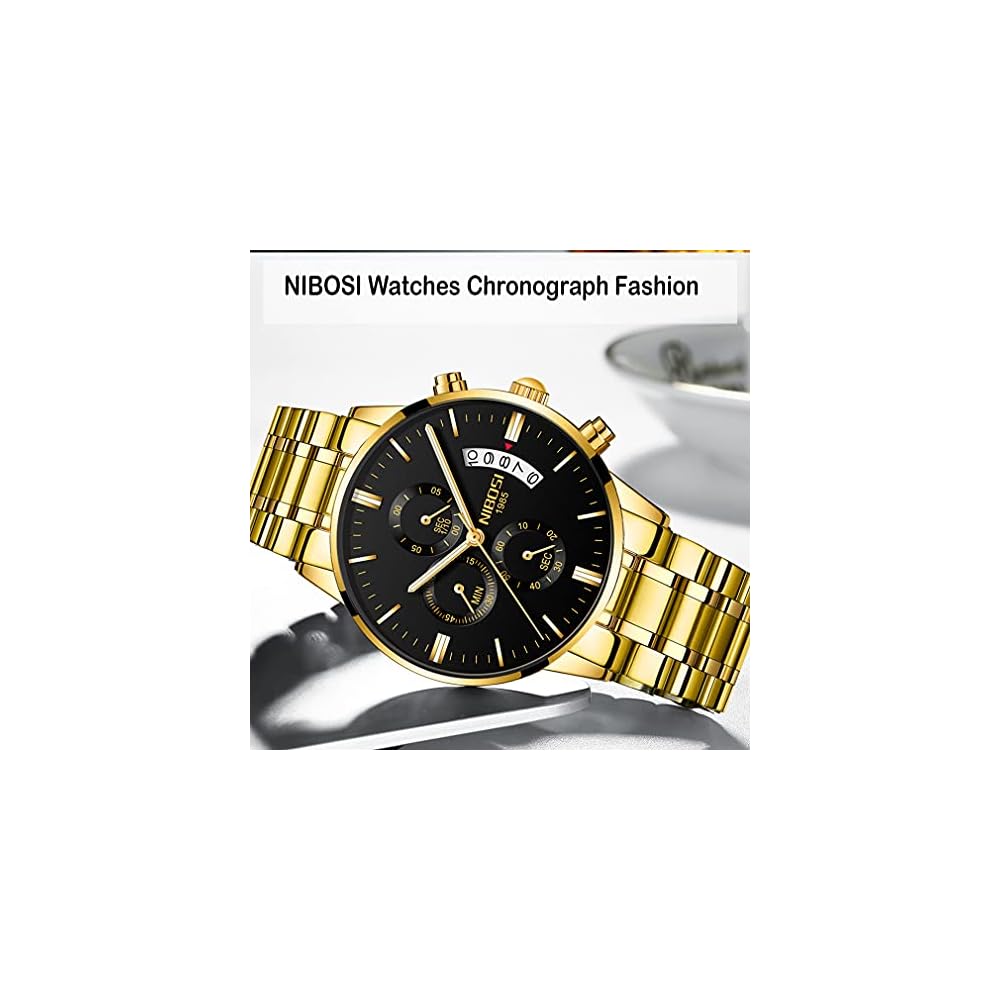 NIBOSI Men's Business Chronograph Watch Big Face Analog Black Stainless Steel Metal Band