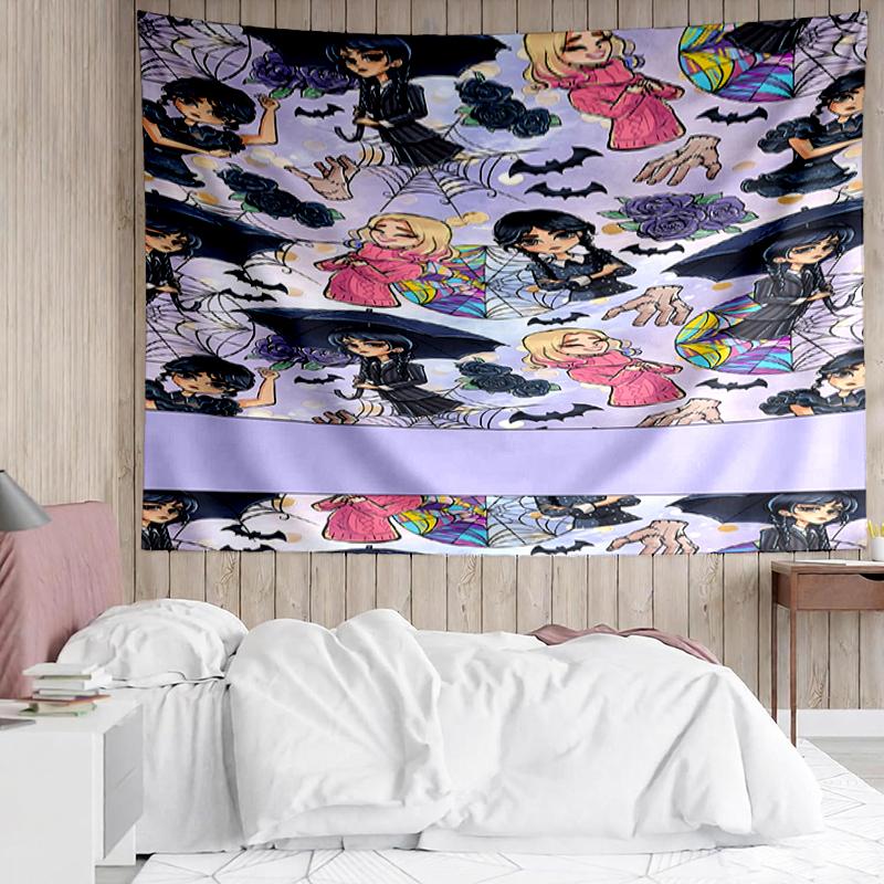 Wednesday Print Tapestry, Backdrop, Easy Setup, Ideal for Bedroom, Office & Living Room, with Aesthetic Wall Hanging Decor.