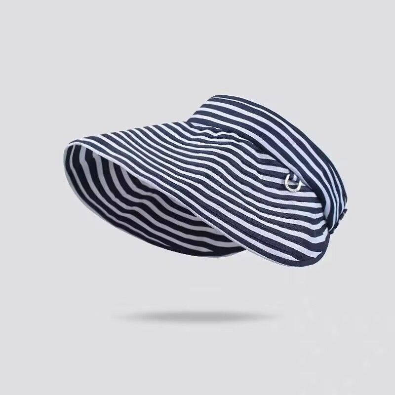 

2025 New Arrival Stripes Air Top Sun Protection Hat Female Summer Flower Less Same Style Sun Hat with Wide Brim Casual All-Matching Fisherman Hat Navy blue Free size adjustable + windproof rope