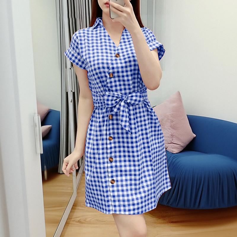ZANZEA Women Casual V-Neck Short Sleeve Plaid Print Dress S синий