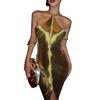 Women Party Dress Glossy Tassel Halter Neck Backless Sleeveless Split Hem Solid Color Slim Fit Off Shoulder Club Party Banquet Mini Dress
