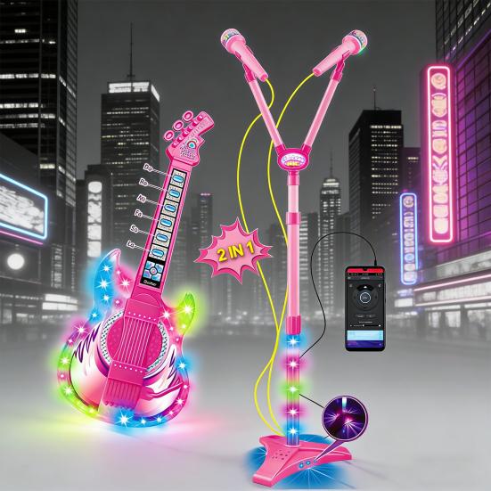 Kids Guitar Microphone Play Set Girls Pink Guitar Karaoke Machine with LED Light Music Toddlers Educational Singing Mic Musical Instrument Toy