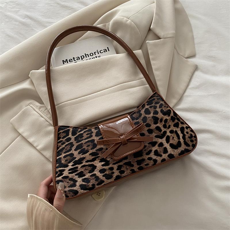 Retro Leopard Print PU Leather Women's Shoulder Bags Fashi Versatile Ladies Underarm Bags Simple Bowknot Female Handbags