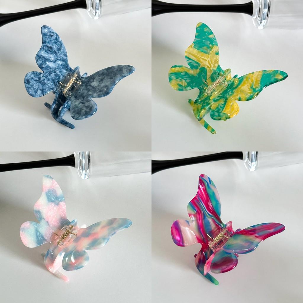 Elegant Butterfly Acetate Hair Claw Clip For Stylish Women In Marble Blue And Rainbow Colors