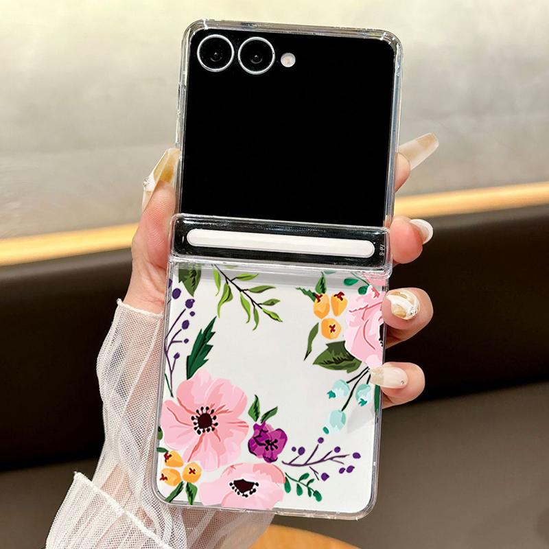 Colorful Flower Printed Magnetic Clear Phone Case For Samsung Galaxy Z Flip7 FE Flip6 Flip5 Flip7 6 5 Folding Hard PC Back Cover