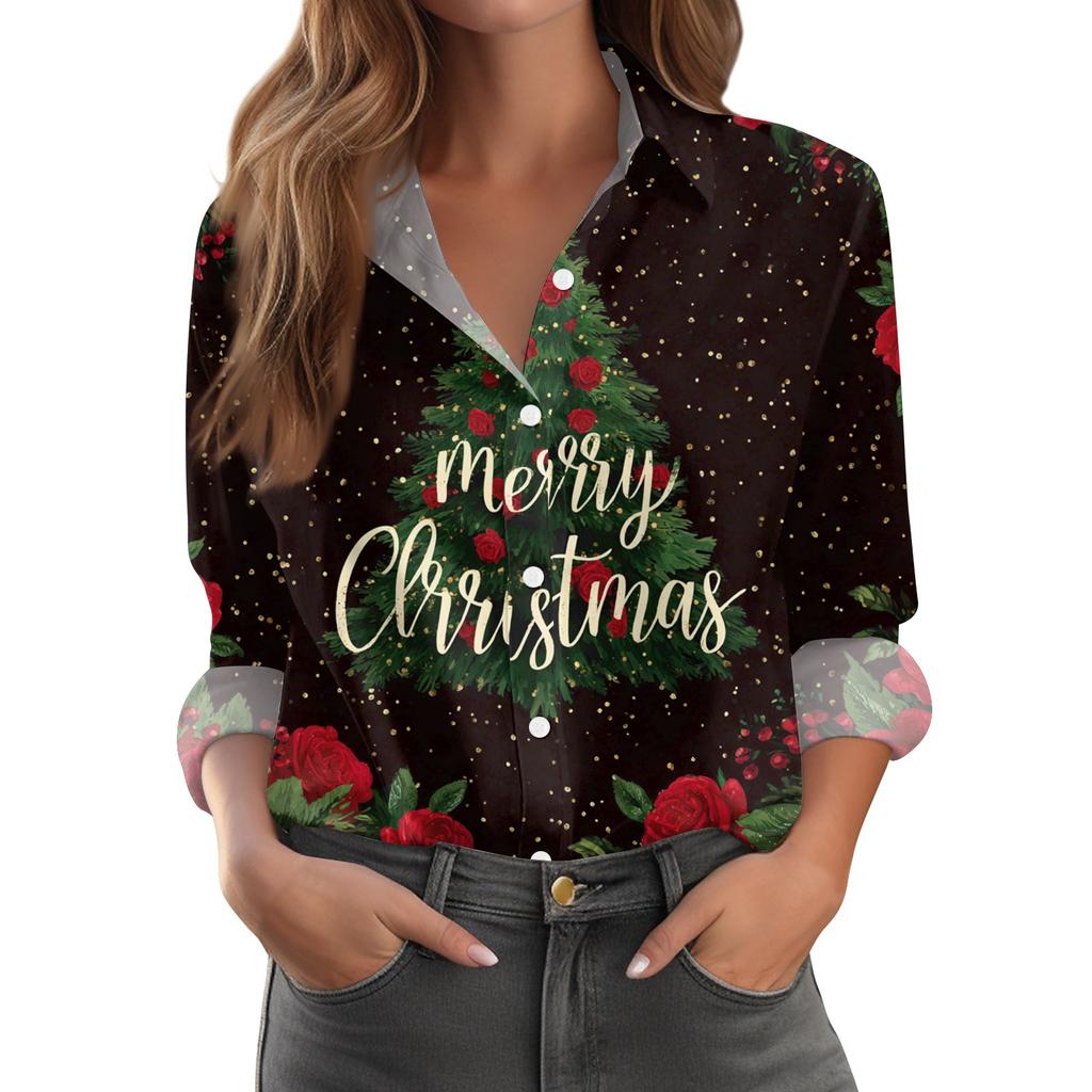 Women's Christmas Print Casual Half-Open Collar Long Sleeve Shirt