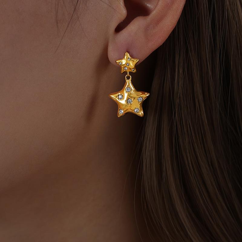 Luxury Full Rhinestone Pentagram Pendant Earrings For Women Exaggerated Double Layer Star Earrings Birthday Party Jewelry
