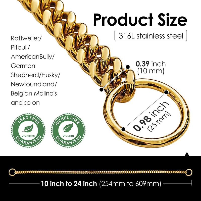 Stainless Steel Large Collar Chain for Dogs, Dog Metal P Chain Links, For Medium, Small dog, Gold Cuban Links Walking Training