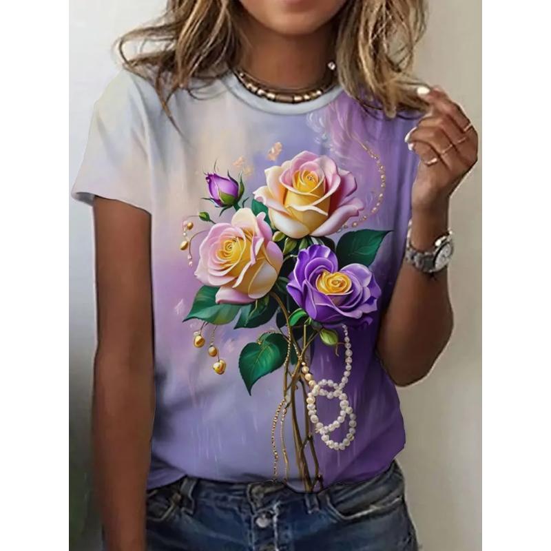 Fashion Women's Crew Neck T-Shirt 3D Flower Color Printing Short Sleeve
