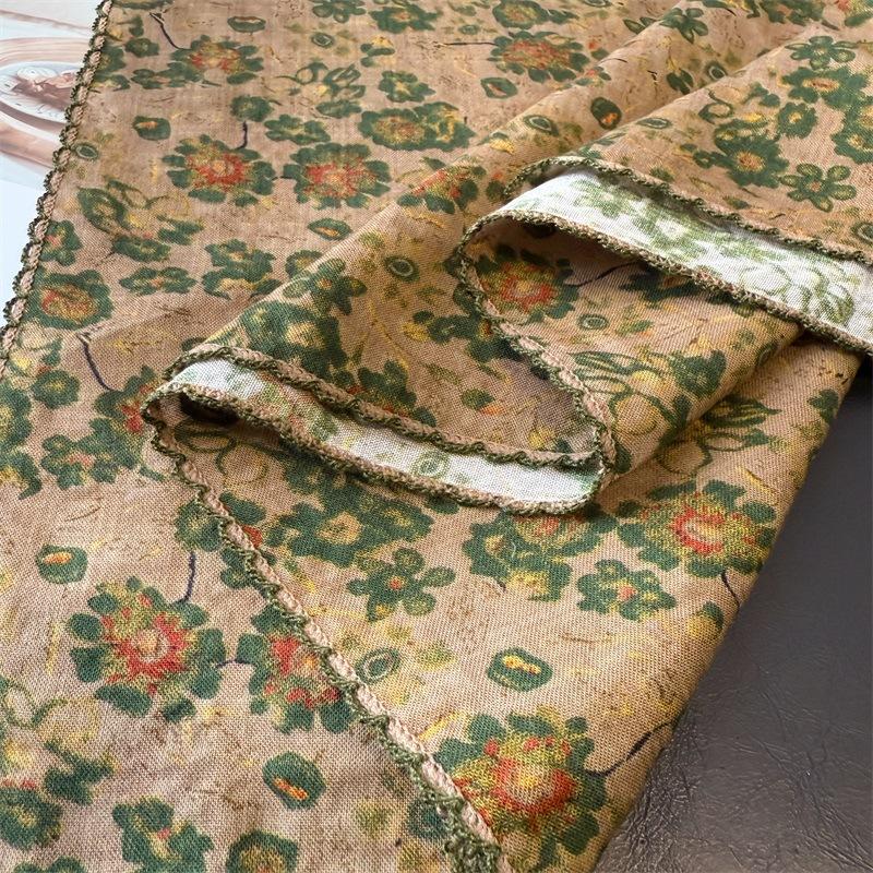 Spring Summer Retro Small Flower Scarf Fashionable Cotton Linen Square Artistic Versatile Women's Neck Protector Hair Strap