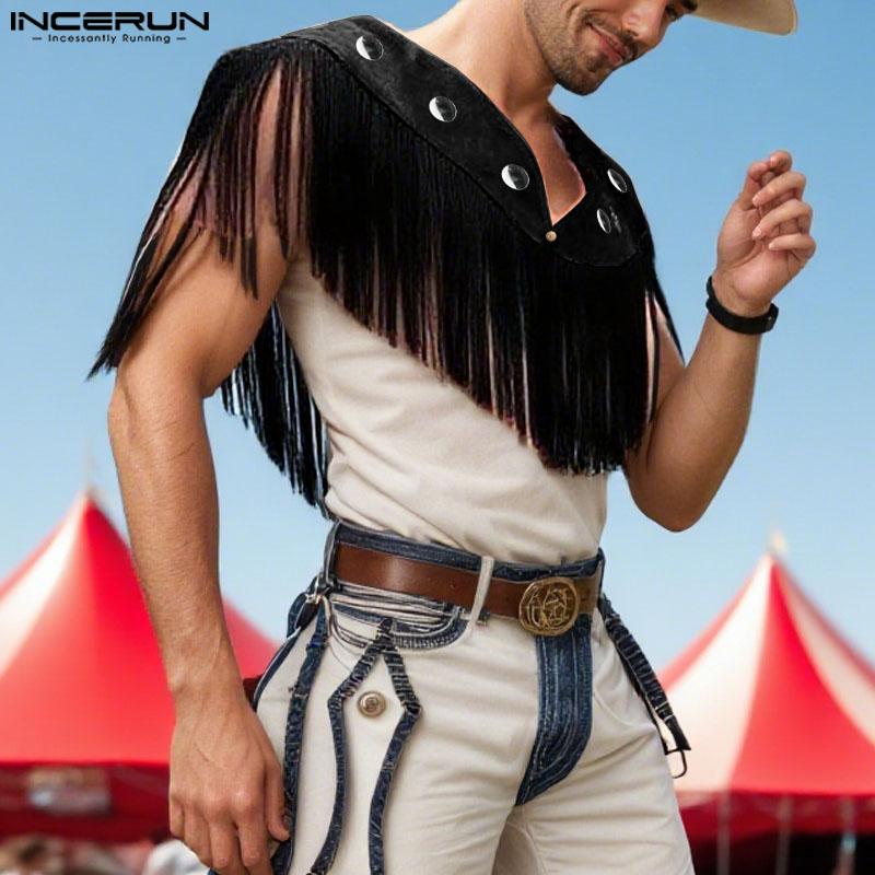 INCERUN Men Low Cut Neck Stitching Tassel Fashion Cropped Cloaks Tops