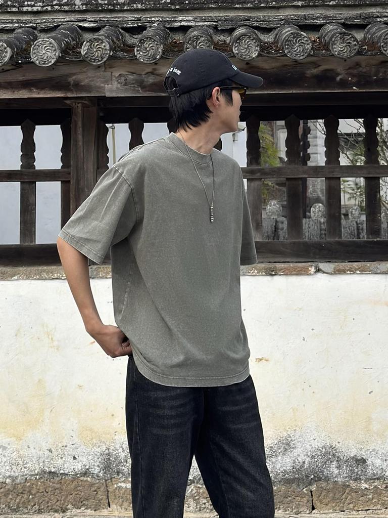 2025SS Fashion 8oz Clothes [CHANGE WELL] Men's Vintage-style Spring/Summer [Washed] Short-sleeved T-shirt Cut-and-sew (GREEN, L)