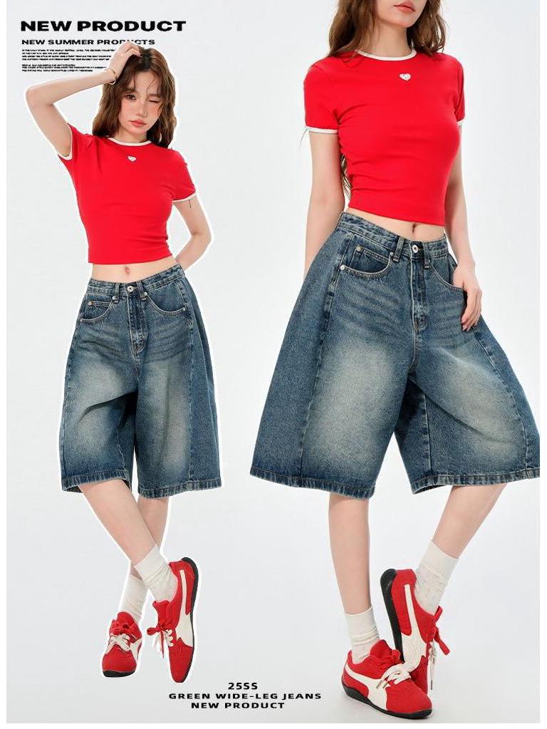 Women's High-Waist Relaxed Denim Shorts - American Retro Style