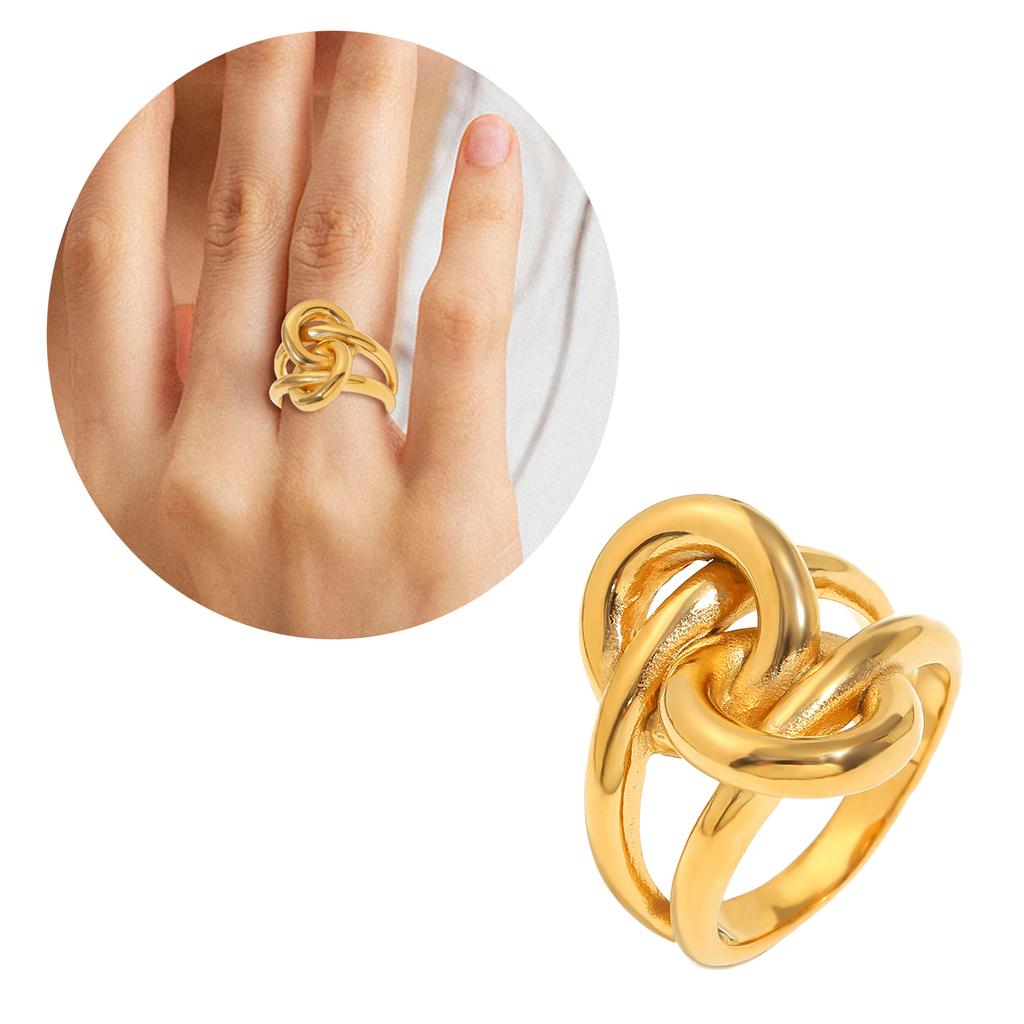 Fashionable Double Layers Geometric Knot Rings 18K Gold Plated Sturdy Stainless Steel Accessory for Women Daily Wear