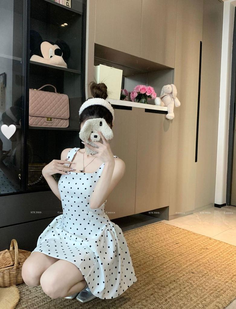 White Polka Dot Strappy Dress: Backless, Waist-Slimming, Puffy Skirt for Women