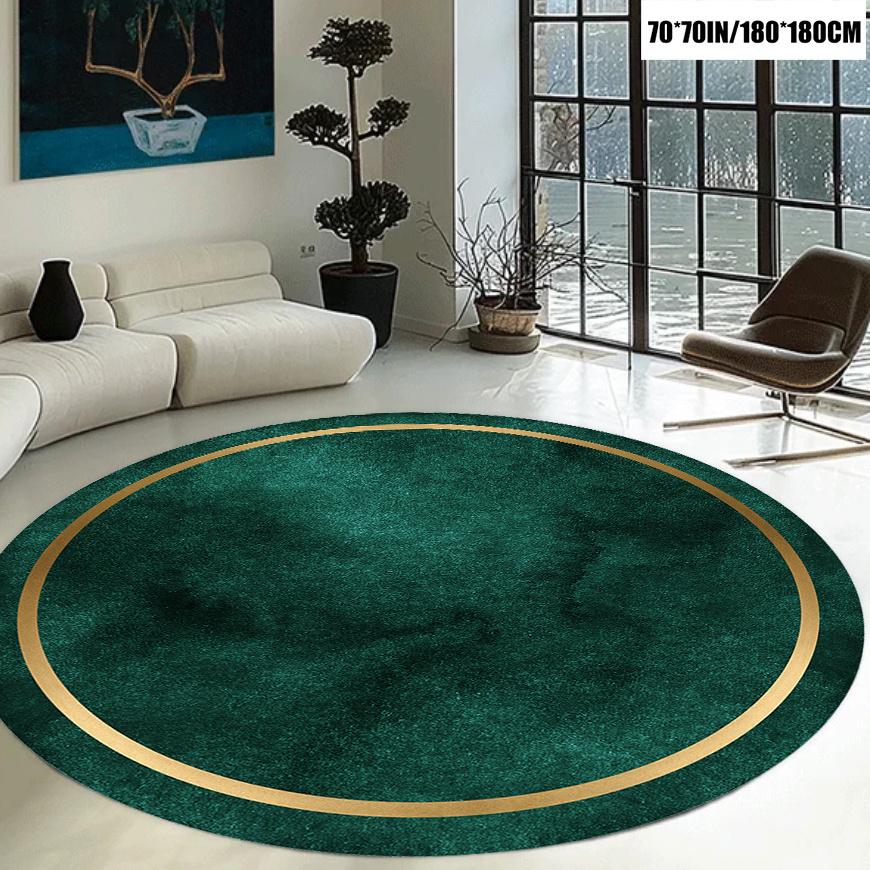 Green and Golden Circular Rug - 2D Flat Non-Slip Floor Mat for Easter - Washable Indoor Outdoor Holiday Decor Area Carpet Rug