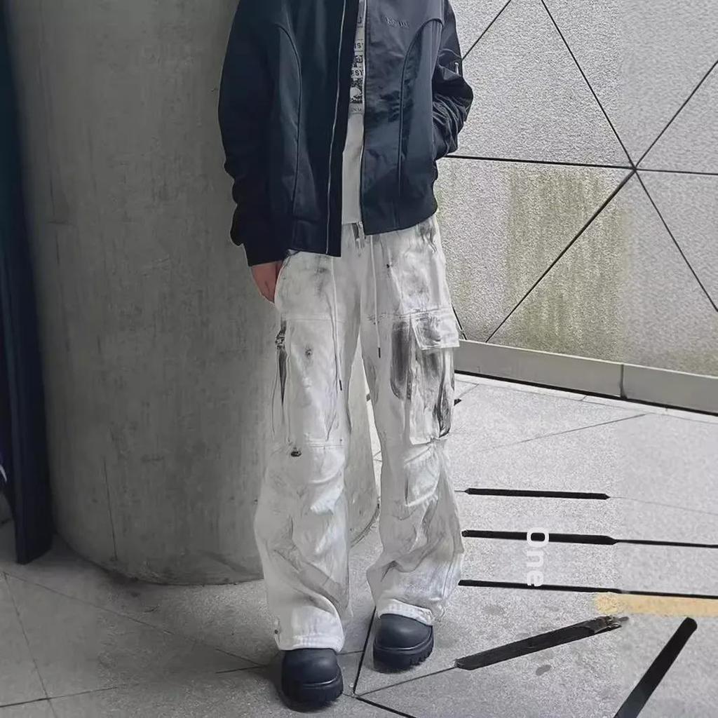 Unisex White Tie-Dye Straight-Leg Multi-Pocket Jeans