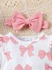Conjunto de Body con Lazo para Bebé Nuevo Otoño 2025: Body Blanco de Manga Larga, Pantalones Rosas, Sombrero