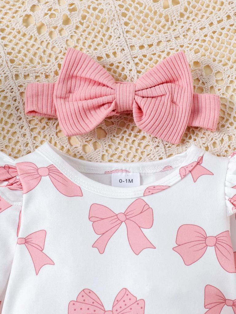 Conjunto de Body con Lazo para Bebé Nuevo Otoño 2025: Body Blanco de Manga Larga, Pantalones Rosas, Sombrero