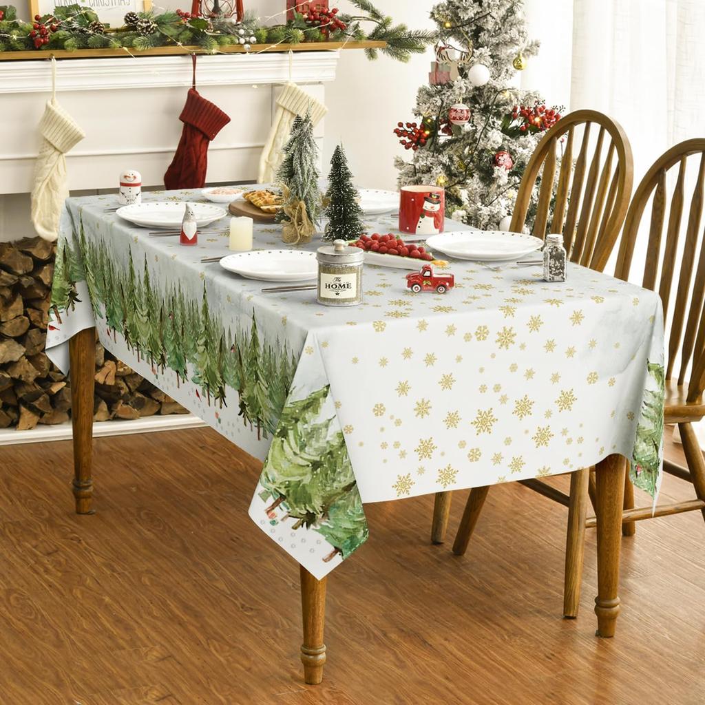 Christmas Trees Golden Snow Waterproof Tablecloth Winter Xmas Party Decor Reusable Wedding Table Decor Navidad Decorations 2025