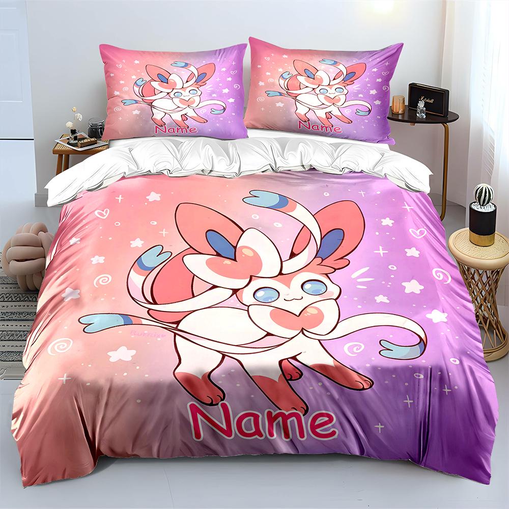 Custom Name Cute Pokemon Sylveon Printed Bedding Set 1 Duvet Cover 2 Pillowcases Boys Girls Children Luxury Gifts Multiple Sizes