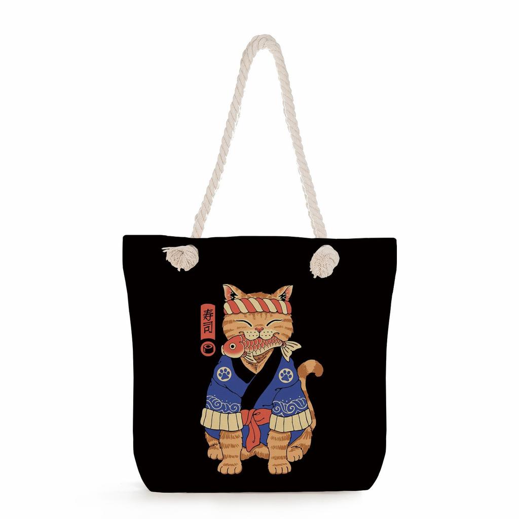 Samurai Cat Print Thick Rope Single-shoulder Beach Bag 7235