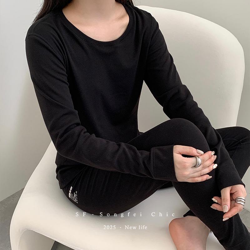 

Maca fleece autumn and winter warm suit, polished slim-fitting thread pants, round neck bottomed long johns, soft women L (110-70kg) чорний