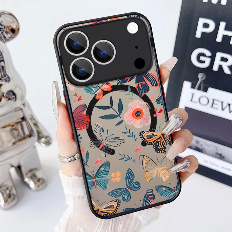 Magnetic Colorful Flower Phone Case For iPhone 17 15 16 Pro Max 14 13 Pro 17 For Magsafe Wireless Charge Soft Edge Hard PC Cover
