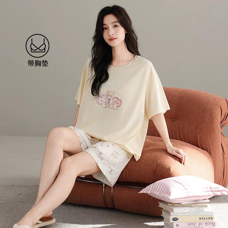 Pajamas with Chest Pads Women's Summer Tencel Short-sleeved Shorts 1011 New Lyocell High-end Loungewear Set