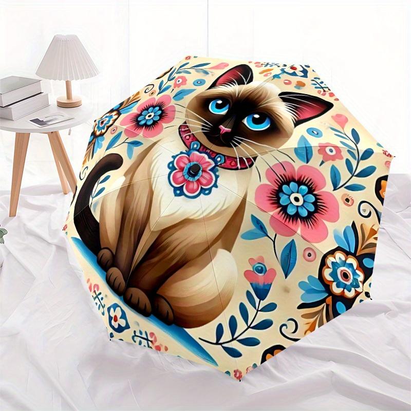 1pc Floral Cat Automatic Open/close, All-Season Portable Folding Umbrella, Travel, Everyday, Formal Events - Compact Luxury Parasol, Outdoor Accessory
