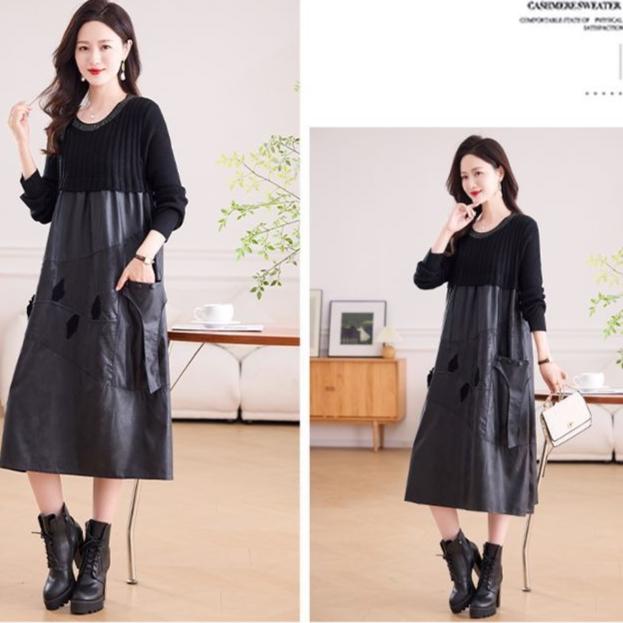 Women's long Sweater Dress Knitted Patchwork PU Leather A-Line Dress Plus Size Knitted Dress for Autumn and Winter ...