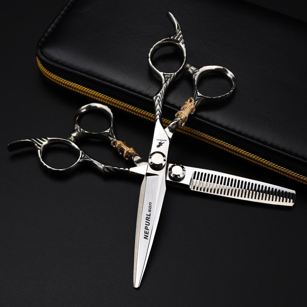 6" DMX-31 Premium Hairdressing Scissors Set: Straight, Serrated, Thinning Shears - Little Golden Tiger 7H