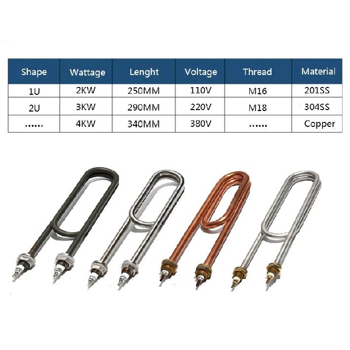 SNDHEATER 110V/220V/380V Folded Water Heating Element 2KW 3KW 6KW M16 M18 Copper Thread Boiling Machine Spare Part 250/290/340MM