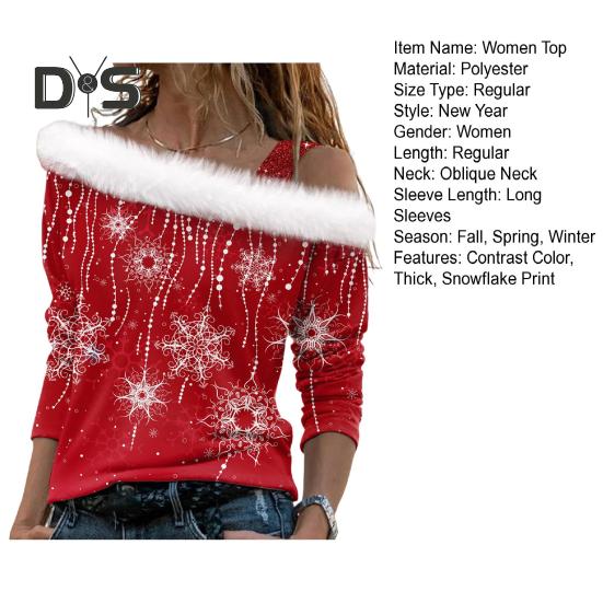 Women Christmas Top Hollow Out One Shoulder Shiny Sequin Long Sleeve Snowflake Print Thick Warm Pullover Color Matching Lady New Year Party Top