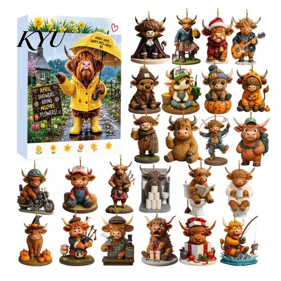 Christmas Tree Wall Bag Decorations 2026 Highland Cow Advent Calendar, 2D Flat Acrylic Unique Ornament Series Ornaments, 24 Days Countdown Gift