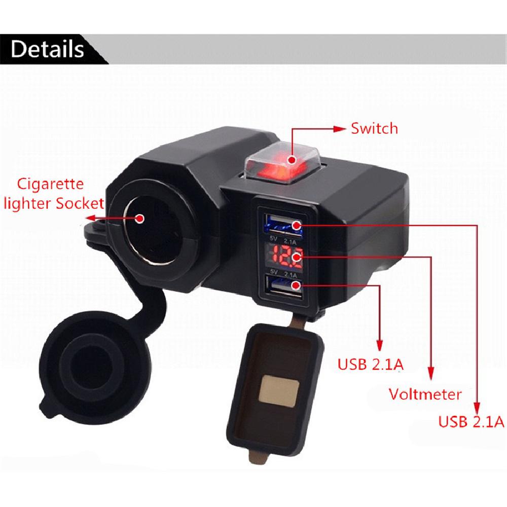 Dc12V Waterproof Motorcycles Handldbar 2Usb Port Adapter Blue Led With Voltmeter