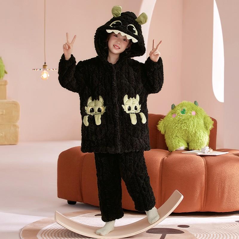 Girls Winter Warm Coral Fleece Pajama Set 3-Layer Quilted Sleepwear Cartoon Animal Print Kid Home Outfit
