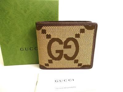 Autentisk GUCCI Jumbo GG Lærred Brun Læder Bifold Seddelpung #805 Renoveret