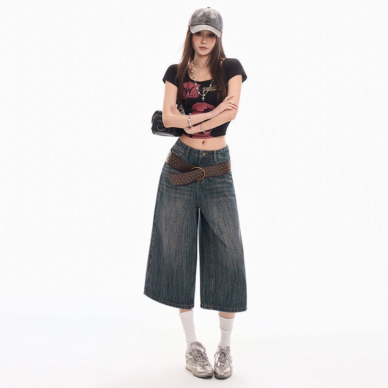 Trendy Summer Vintage Wide Leg Straight Cropped Capri Denim Pants For Women Versatile Loose Straight Slimming Casual Bottoms