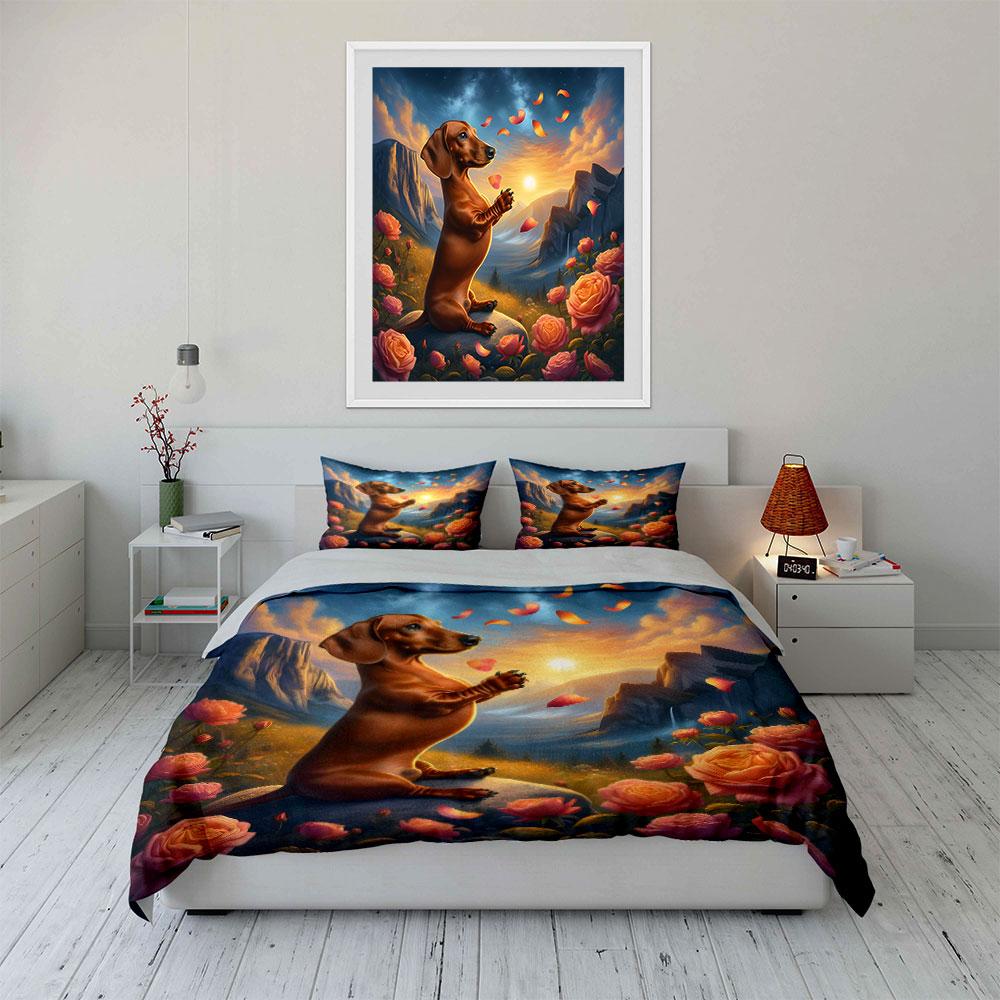 3Pcs Dachshund Sunset Mountain Rose Bedding Set Realistic Pet Floral Print Duvet Cover 2 Pillowcases King Queen Gift