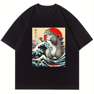 Anime Japanese Art Catzilla Cat Funny Cat Summer Sport T-Shirt Unisex Cartoon T Shirt O-neck Tops Tees Fashion Fitness T Shirt