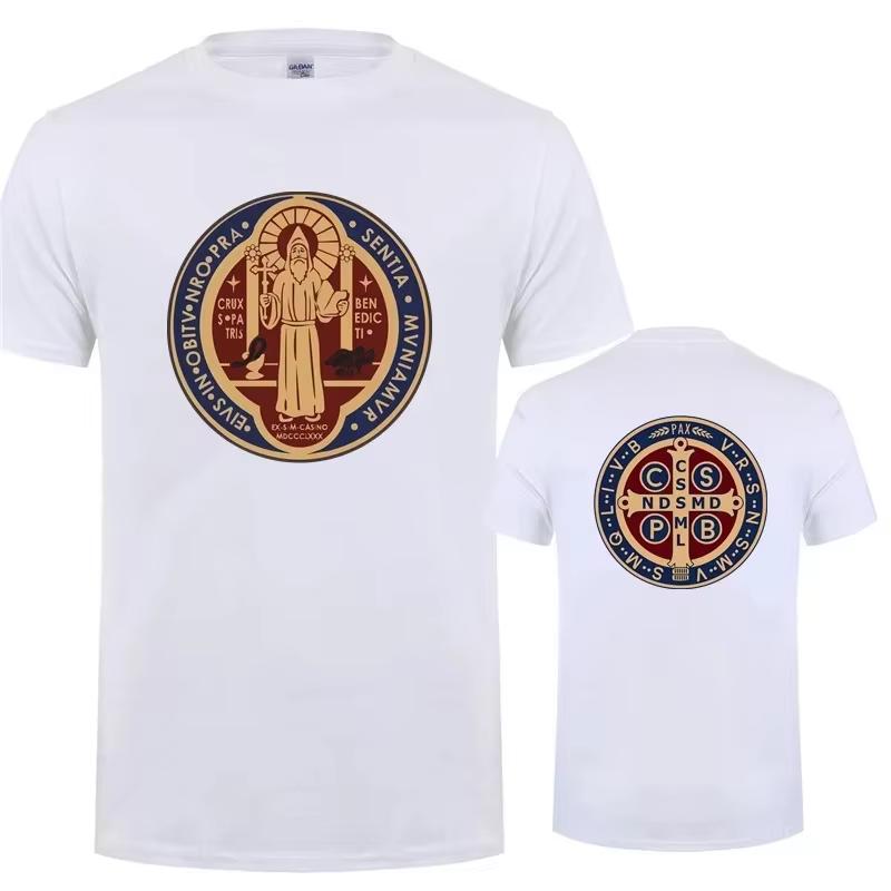 The Saint Benedict Medal Catholic Pullover TShirt Camisas Unisex Unisex Casual Printed Cotton T Shirt Vintage Harajuku Tees Unisex 4XL