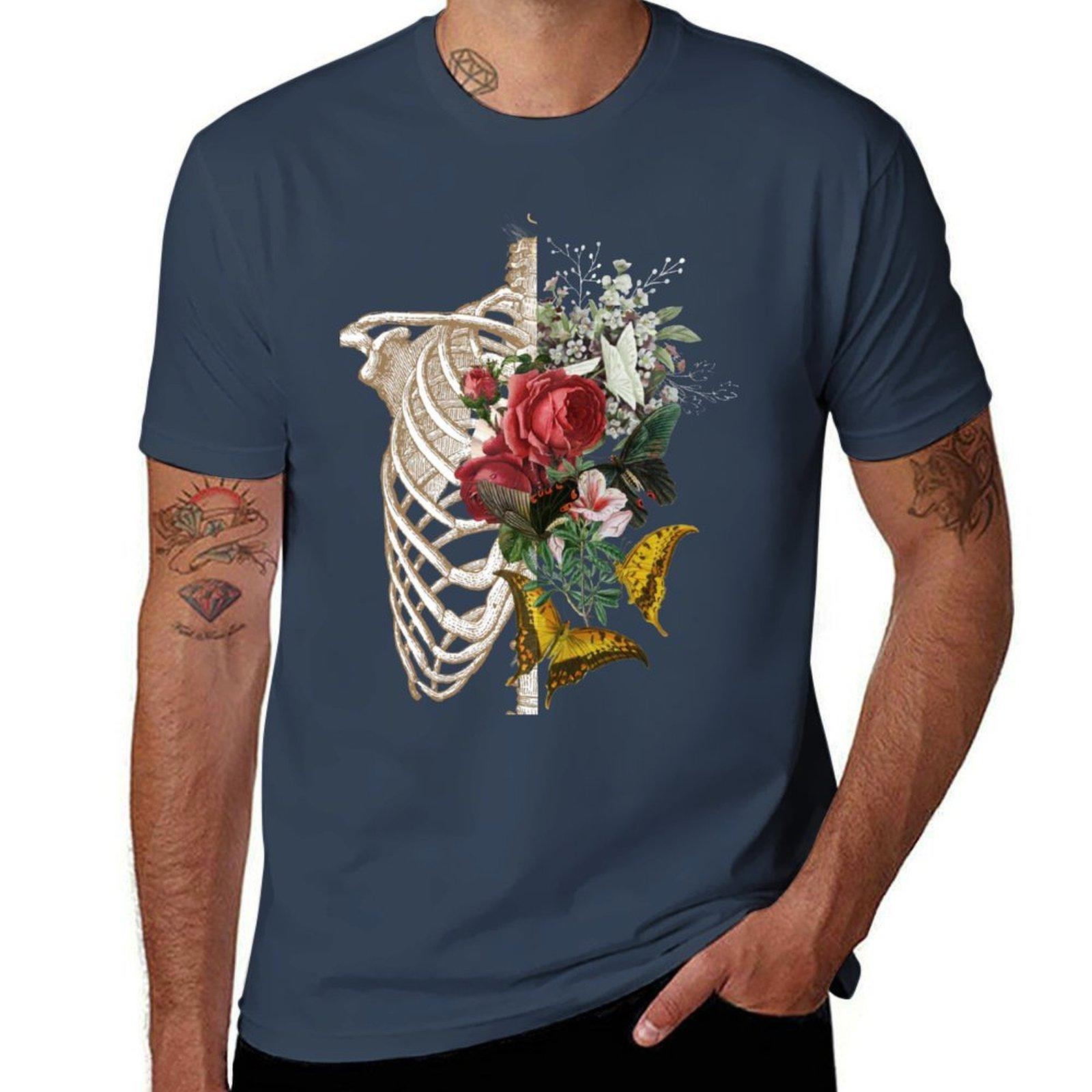 Vintage Floral Skeleton Ribcage Tshirt Regular Fit Plain Tee Shirt S