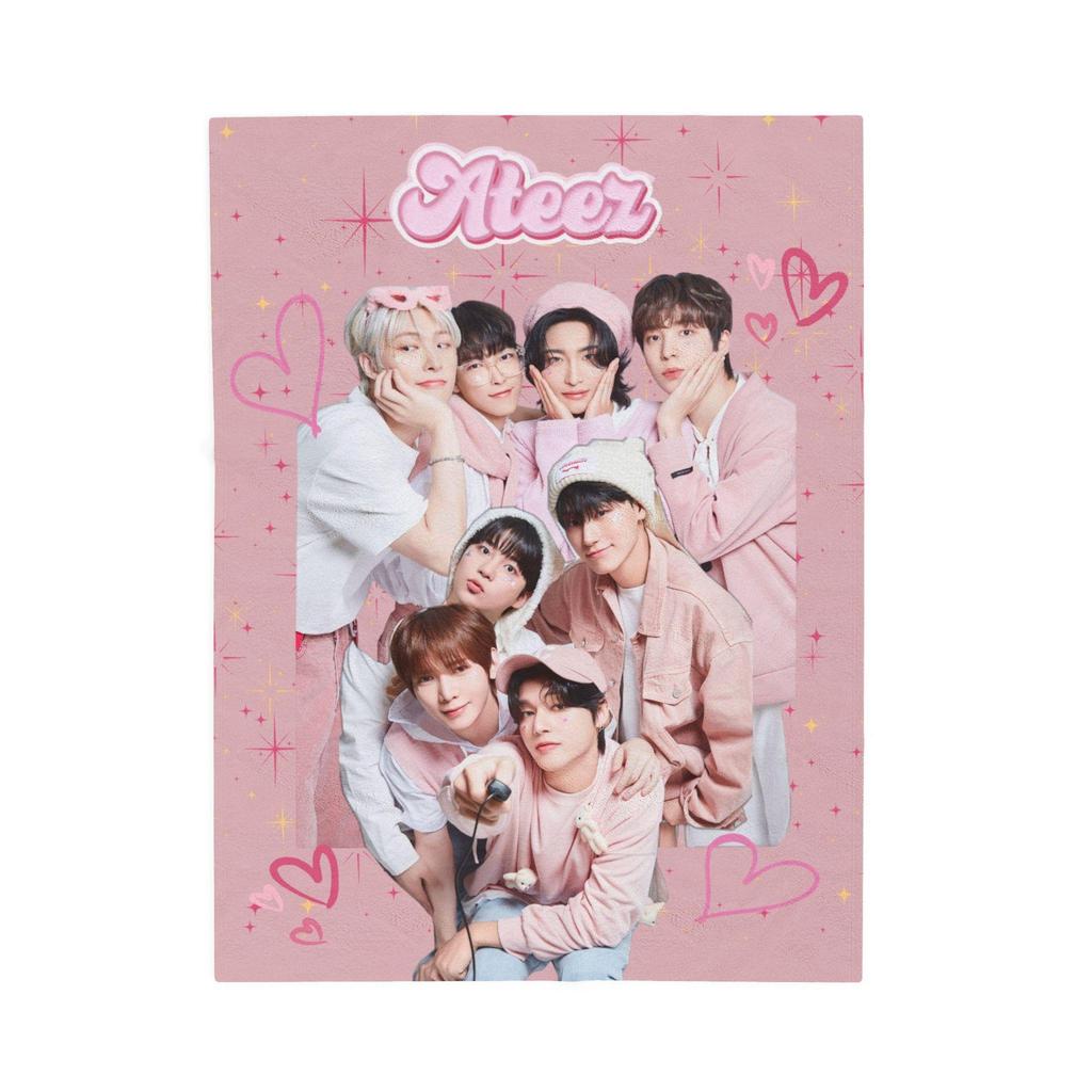 Ateez Group Photo Plush Blanket: Pink Velveteen, Soft Touch (30x40"-60x80")