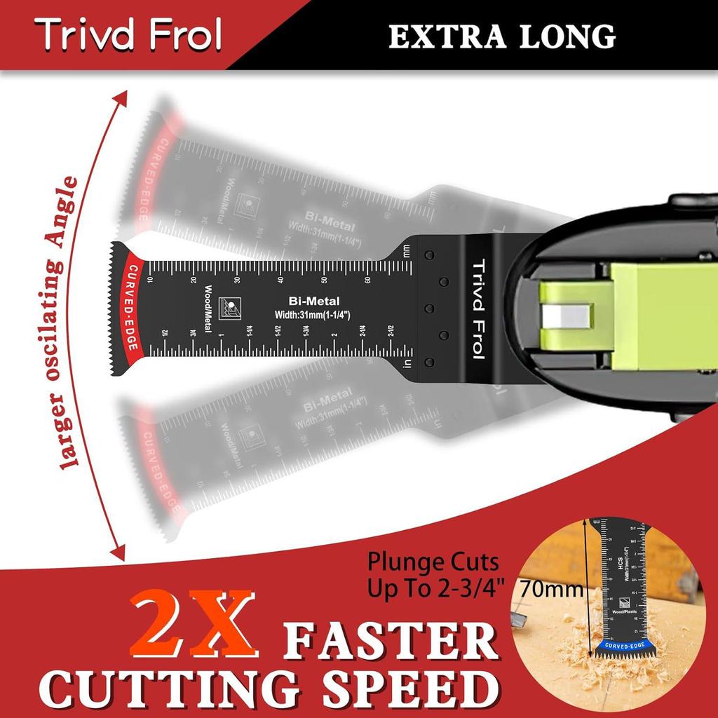 20-Piece Extra Long Oscillating Saw Blades with Arc Edge and Bimetal Japanese Teeth for Precise Wood and Plastic Cutting.