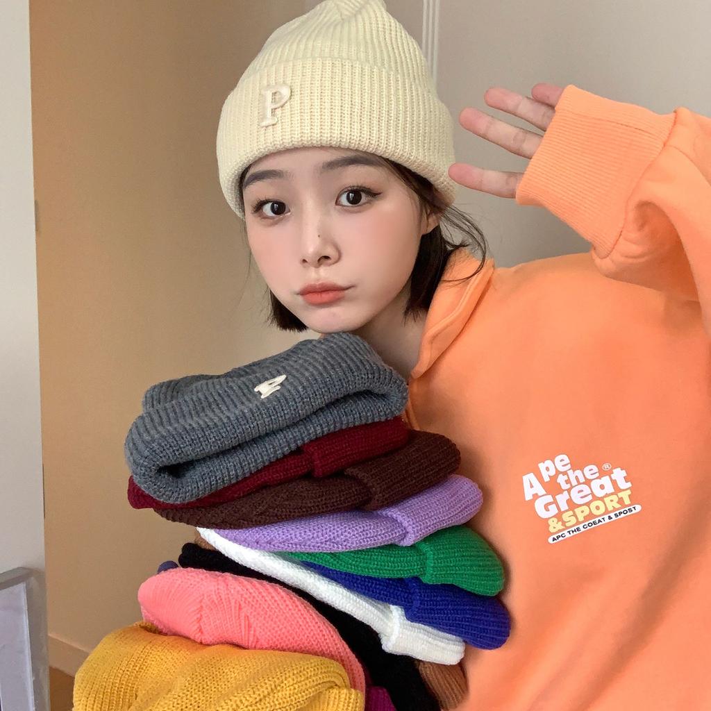 Women's Autumn and Winter Korean Version Ins Trendy Fashion Warm Men Versatile Student P Letter Casual Knitted Cold Hat