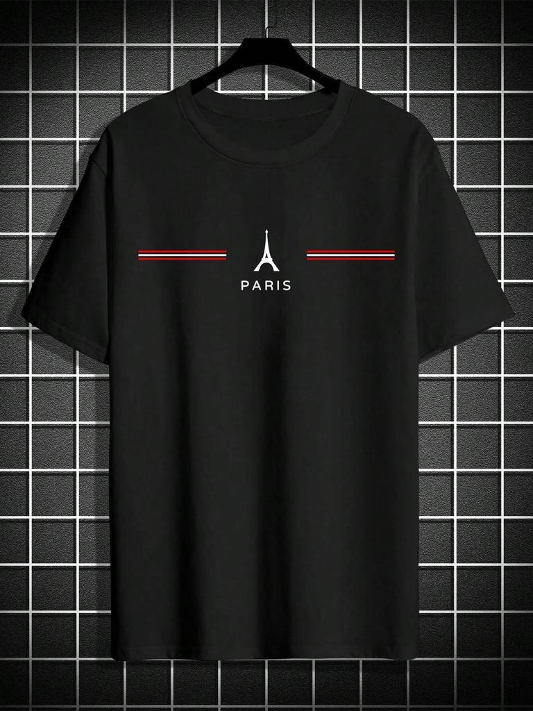 Summer 100% cotton men's loose size comfortable Paris letter print slim casual sports round neck short sleeve T-shirt top