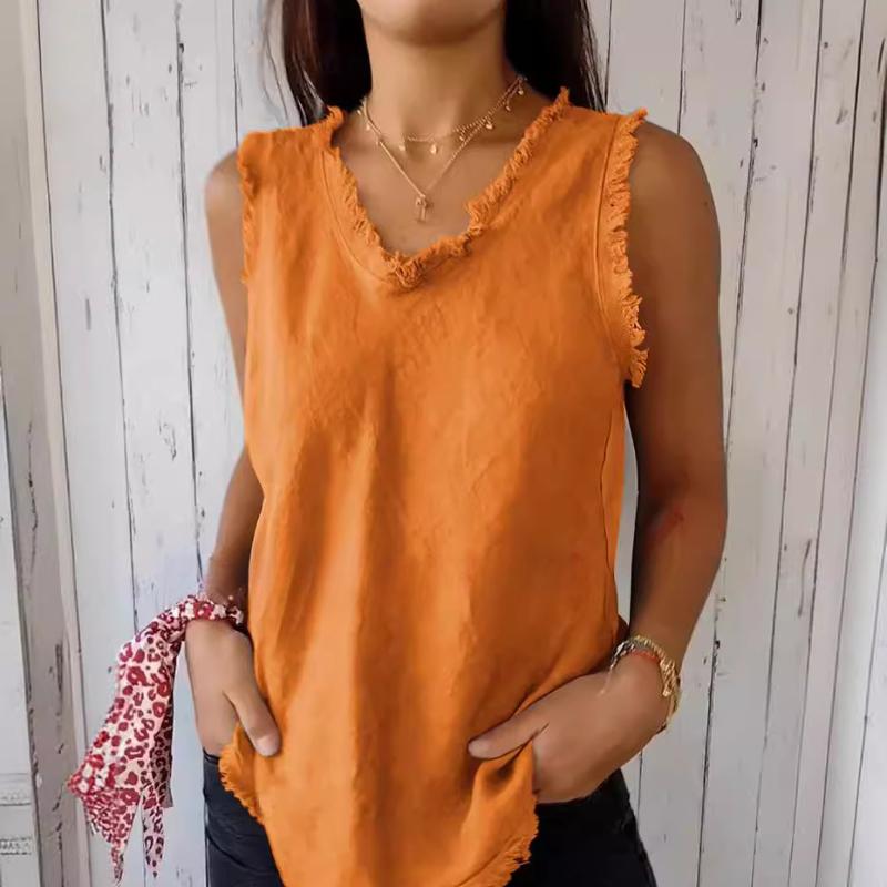 Summer Sleeveless O-Neck Tank Top with Tassel Splicing